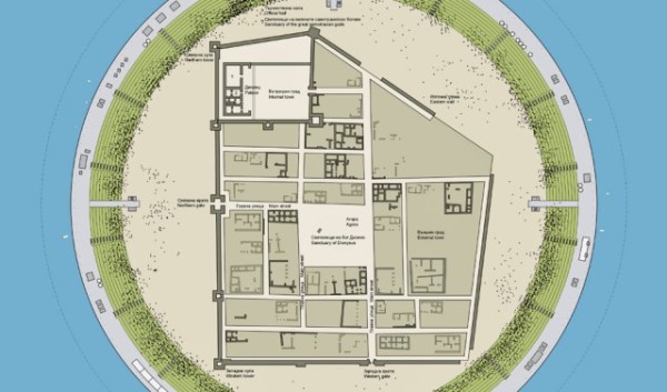 This map shows the 4th century BC urban planning of Seuthopolis, and how it will fit inside an artificial bottom island walling it off from the waters of the Koprinka Reservoir. source