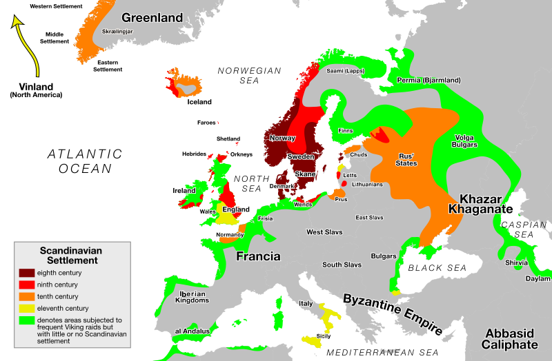 Map showing area of Norse settlements during the 8th to 11th centuries (the Viking Age), including Norman conquests, some extending after this period (yellow). Trade and raid routes, often inseparable, are marked. source