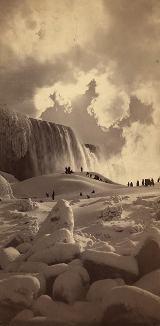 Visitors at frozen Niagara Falls, 1883