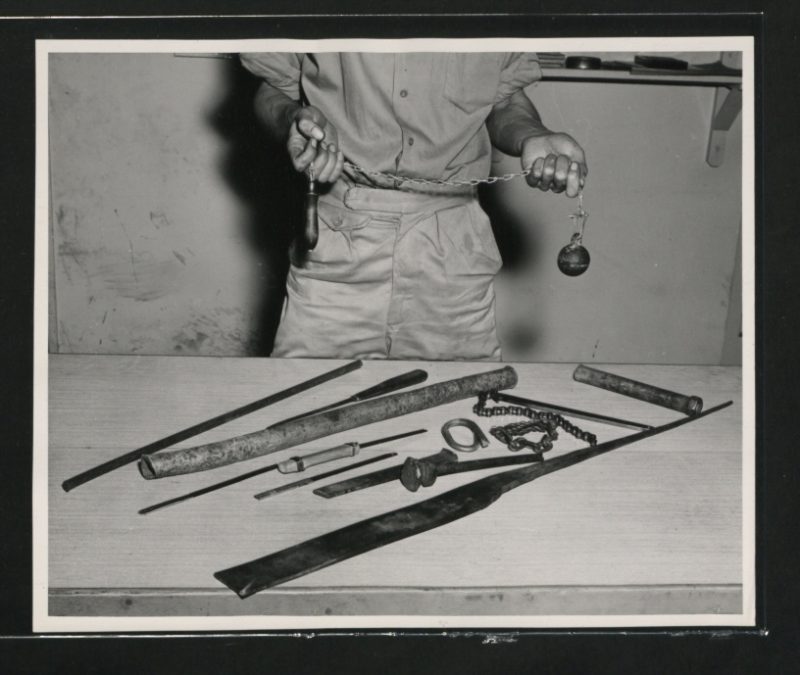 Weapons found in Northern Rhodesia School.Crude weapons were found in dormitories after the departure of students. Photograph by Len Titchener