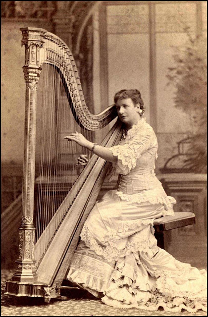 Women playing a Gothic harp, ca. 1880s