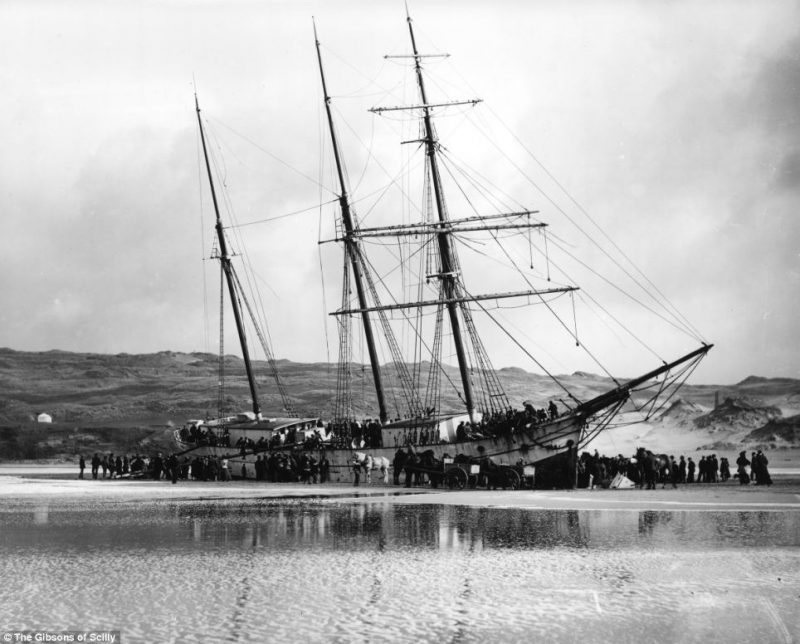 The Dutch cargo ship Voorspoed pictured surrounded by horses used to help take away the cargo after it was wrecked at Perran Bay, Cornwall in March 1901. All of those on board died in the incident as the ship travelled from to Newfoundland, Canada to Perranporth, Cornwall. 
