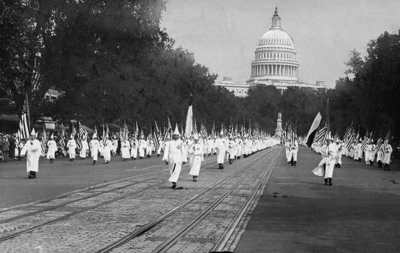 UNITED STATES - AUGUST 13:  Ku Klux Klan members march in a parade along Pennsylvania Ave. in Washington D.C.  (Photo by NY Daily News Archive via Getty Images)