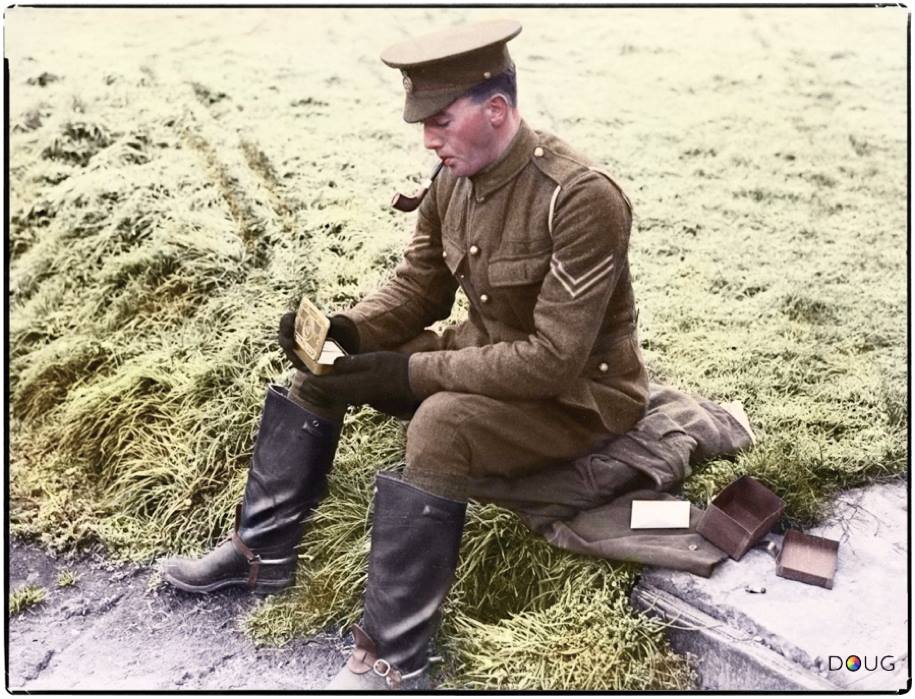 A British soldier resting near Aveluy Wood, just outside the town of Albert on the Somme. September 1916. (Source - IWM Q1340) Photographer - Lt. Ernest Brooks (Colourised by Doug from the UK) https://www.facebook.com/ColouriseHistory?ref=hl
