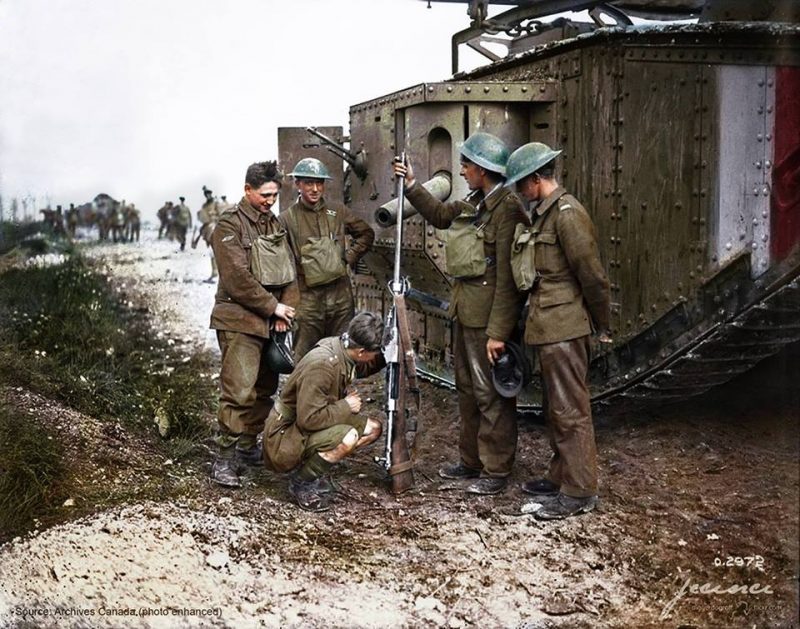 A Mauser T-Gewehr - German anti-tank rifle, being admired by some Canadian soldiers and the crew of a RTC Mk.V tank during the Battle of Amiens. August 1918 (Photo source - Library and Archives Canada Photo, MIKAN No. 3395388) (Colorised by Paul Kerestes from Romania) https://www.facebook.com/jecinci/