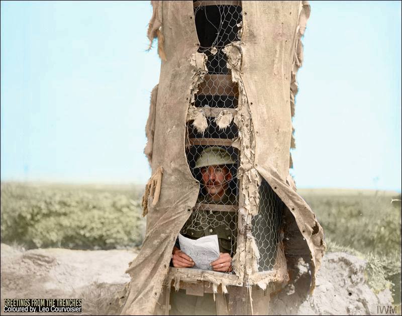 'Camouflage Trees' The back of a canvas and steel tree observation post, near Souchez, Pas-de-Calais, France. 15 May 1918. Trying to hide yourself in No Man’s Land during the war was a risky business. The badly damaged landscape gave no real cover from the watching eyes on either side. Therefore, the ability to spy on the opposite trenches whilst remaining hidden was highly valuable. To achieve this, both sides began to develop Observation Post Trees (O. P. Trees) made of iron, canvass and sheet metal. Designed to replicate the shell splintered trees that existed in No Man’s Land, these observation posts were originally constructed behind the lines. Then, once they were nearing completion, during the darkest nights engineers would cut down or remove existing trees and replace them with the false one. From these fake trees observers and snipers were now able to watch the enemy whilst effectively hiding in plain sight. The British Army used around 45 Observation Post Trees during the conflict with the first being placed near Ypres. (eastsussexww1.org.uk) (Source © IWM Q 10308) McLellan, David (Second Lieutenant) (Photographer) Colorised by Leo Courvoisier https://www.facebook.com/pages/Greetings-from-the-trenches/830845900362286?fref=nf