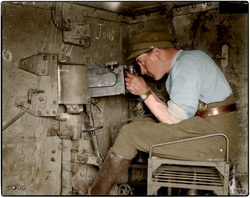 Interior of the captured German tank A7V 542 "Elfriede" showing the position of one of the 7.92-mm MG.08 machine guns. It was captured by 'A' Coy 1st Battalion Royal Tank Corps, at the Battle of Villers-Bretonneux, 24th April 1918 (Photo source - © IWM Q 29585) (Colourised by Doug)