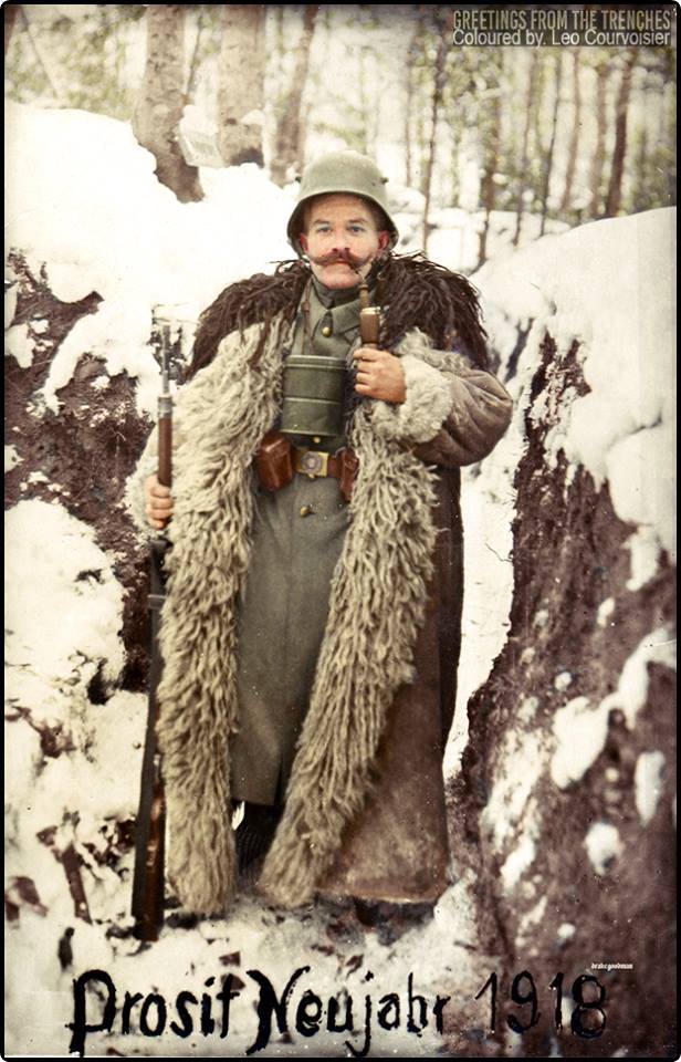 Prosit Neujahr' Happy New Year. A German sentry welcomes in the new year - 1918. (Source image © Flickr ✠ drakegoodman ✠ Collection) Colorised by Leo Courvoisier https://www.facebook.com/pages/Greetings-from-the-trenches/830845900362286?fref=nf