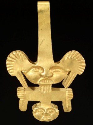 Calima culture gold ceremonial tweezers. Men in ancient Colombia used tweezers to remove their facial hair. This elaborate pair may have been used during rituals or ceremonies. Simpler versions of such tweezers would have been used on a daily basis. Gold objects were made throughout the ancient Americas for the exclusive use of an elite class of rulers, priests, and other noblepersons. Acquired by Henry Walters, 1910. source