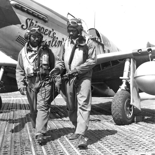 Marston Mat was most common in the Pacific theater but was deployed around the globe. At Ramitelli Airstrip, Italy, in August of 1944, Capt. Andrew D. Turner and Lt. Clarence P. “Lucky” Lester debrief near Turner’s P-51C Skipper’s Darlin’. (NARA)





