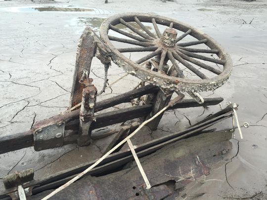 A 19th-century utility wagon was found lying lakeside in the mud when the Detroit reservoir drained to 143 feet below capacity. Photo Credit: Dave Zahn