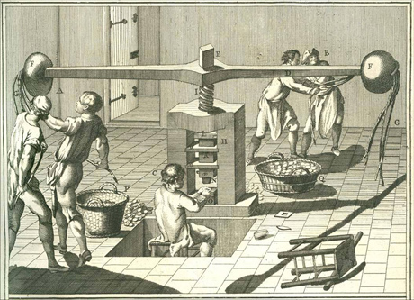 Depiction workers striking coins using a Fly Press in a late 17th or 18th Century Mint