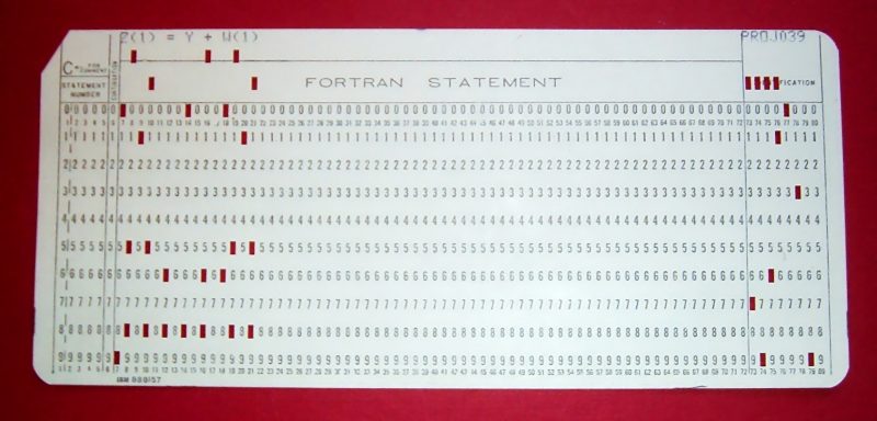 FORTRAN code on a punched card, showing the specialized uses of columns 1-5, 6 and 73-80.