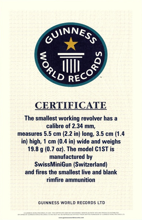 Guinness world record certificate for the Swiss mini gun