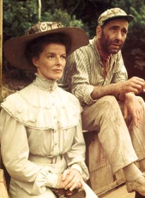 Hepburn often worked abroad in the 1950s, beginning with The African Queen (1951), which was shot on location in Africa. Pictured is a promotional image for the film, with co-star Humphrey Bogart.