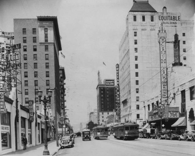Hollywood Blvd. in 1936. Notice the exterior of the Pantages Theater on the right