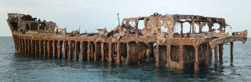 Panoramic photo of the SS Sapona shipwreck off the coast of Bimini, The Bahamas. Taken Aug 19, 2009.