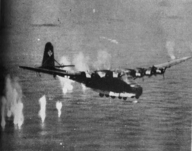 Photo of Luftwaffe Me-323 being shot down by a B-26 Marauder of the Northwest African Coastal Air Force near Cap Corse, Corsica