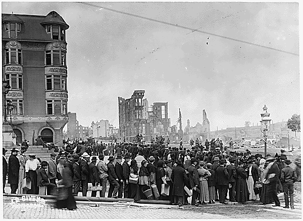 Photograph of a Typical Bread Line in the Early Stages of Relief Distribution After the 1906 San Francisco Earthquake, 1906