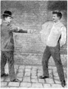 Test of a 1901 vest designed by Jan Szczepanik, in which a 7 mm revolver is fired at a person wearing the vest