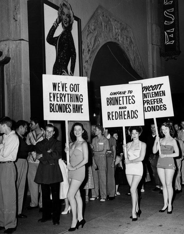 The raven-haired protest the Marilyn Monroe flick, 'Gentlemen Prefer Blondes' in front of the Chinese Theater