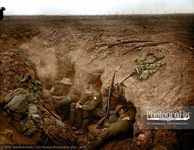 Welsh Guardsmen in a reserve trench, Guillemont, September 1916.