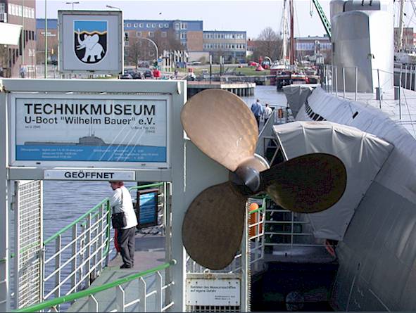 The entrance to the museum is adorned by two propellers, one of which is shown here. I'm quite certain that these are the original propellers of this U-boat. source