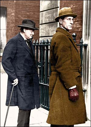 Eagle-eyed: Winston Churchill and his bodyguard, Walter Thompson, in Whitehall during the war