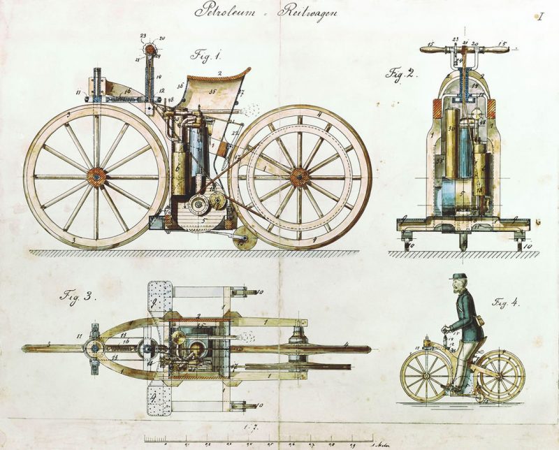 Drawings from 1884 showed a twist grip belt tensioner, complex steering linkage and used a belt drive. The working model had a simple handlebar and used a pinion gear drive. source:Wikipedia Public Domain