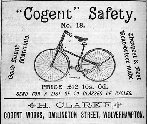 Advertisement for a Cogent Safety Bicycle, Barkers Wolverhampton Trade Directory, 1887. source