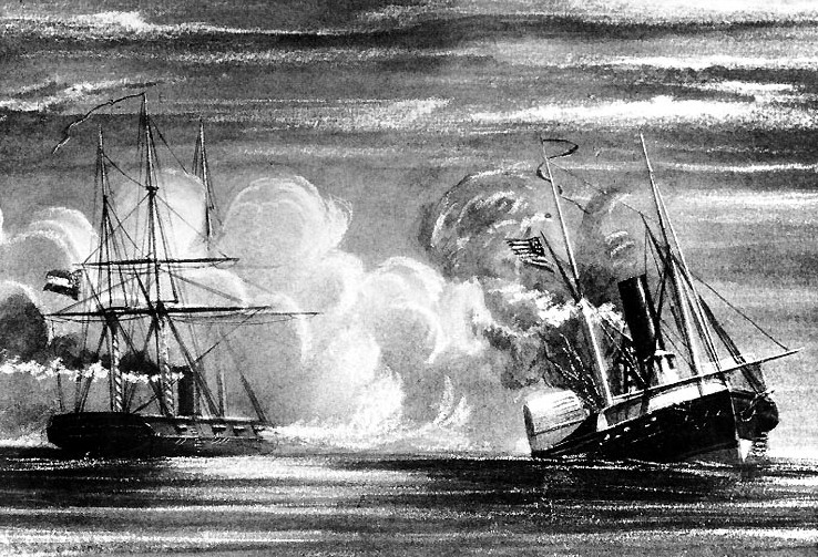 19th century print, depicting the sinking of Hatteras by CSS Alabama, off Galveston, Texas on 11 January 1863. Source