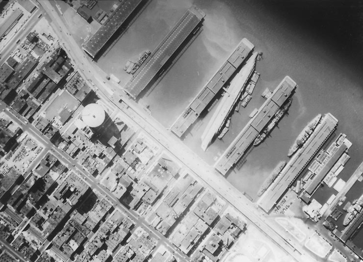 Normandie at New York City’s Pier 88, circa 1942-1943. source