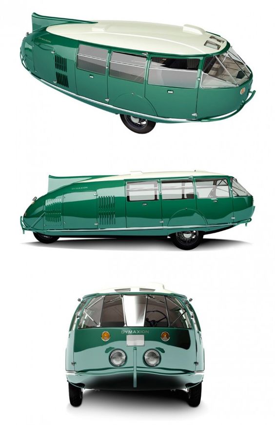 "The Dymaxion Car "was designed by Buckminster Fuller in the 1933. The three vehicle had rear steering and front-wheel drive powered by a Ford small block V8 engine producing 63 kW. The car could transport up to 11 passengers, reach speeds of up to 140 kph, with a fuel efficiency of 7.8 L/100 km. Buckminster Fuller created the name Dymaxion as a composite of the words ‘dynamic’, ‘maximum’ and ‘ion’, using these as design principles in his industrial designs. source