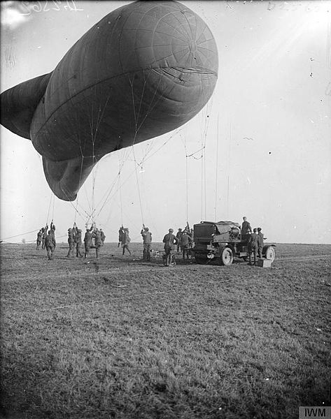 A Caquot kite balloon leaving the ground. Note a motor winch and infantrymen hauling on ropes. Near Metz, 25 January 1918. source