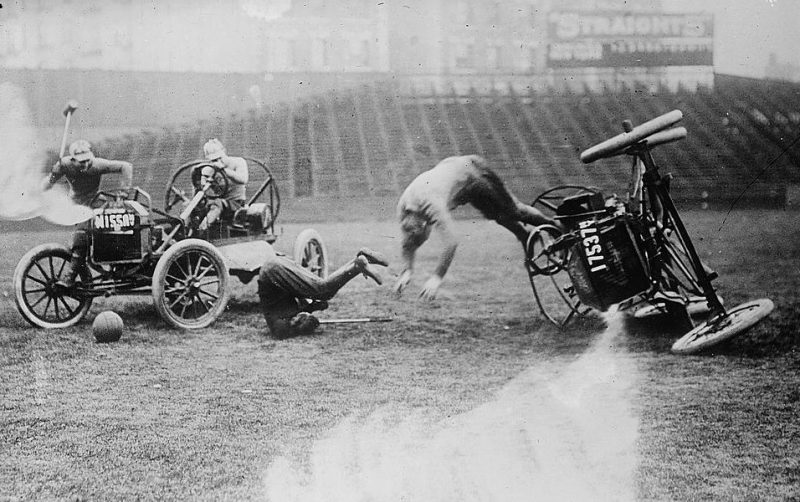 A rollover during a match in a most likely staged circa 1910—1915 photograph by the Bain News Service. source
