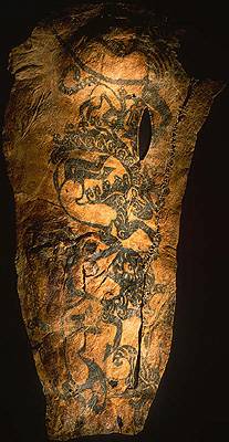 A tattoo on the right arm of a Scythian chieftain whose mummy was discovered at Pazyryk, Russia. The tattoo was made between about 200 and 400 BC.