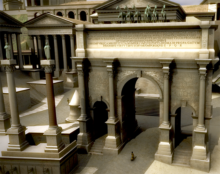 A view of the Arch of Septimius Severus next to the Rostra on the western end of the Roman Forum.