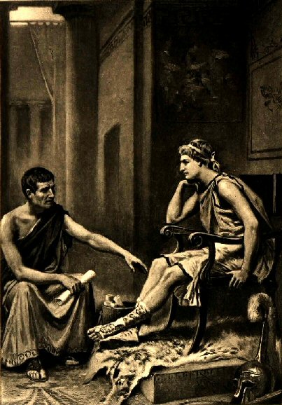 Aristotle, a philosopher from the Macedonian town of Stageira, tutoring young Alexander in the Royal Palace of Pella.