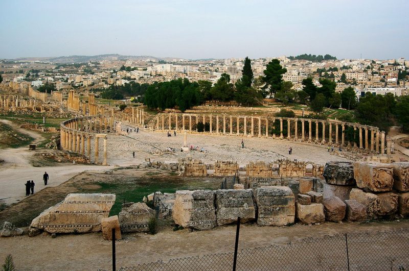 Forum of Gerasa (Jerash in present-day Jordan), with columns marking a covered walkway (stoa) for vendor stalls, and a semicircular space for public speaking