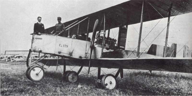 Gianni Caproni (left) on board a Caproni Ca.32 bomber during World War I. Taliedo airport, July 1915. source