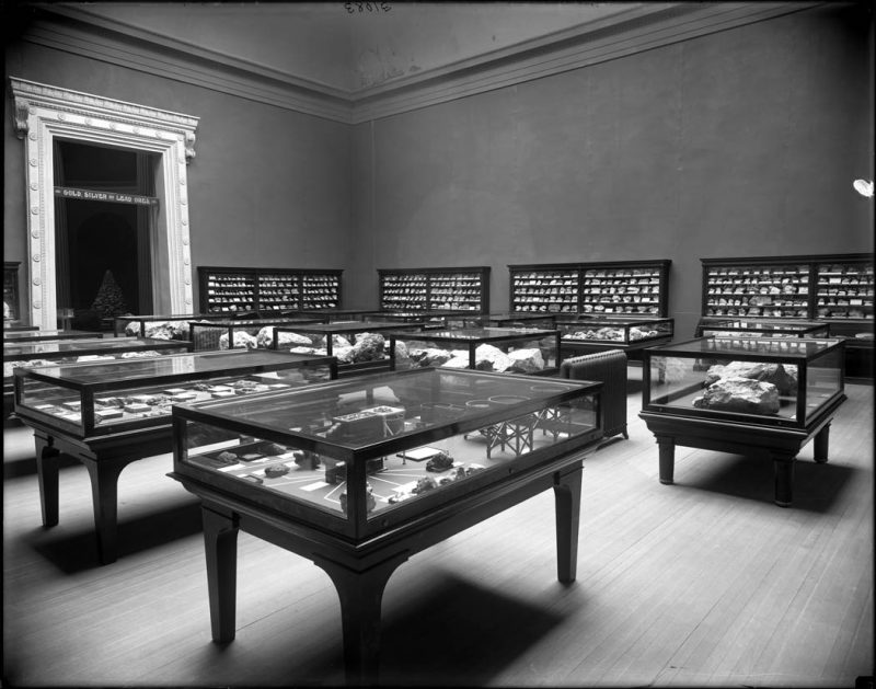 Hall 72 Platinum, Gold, Silver and Lead cases and shelves on exhibit, 1910