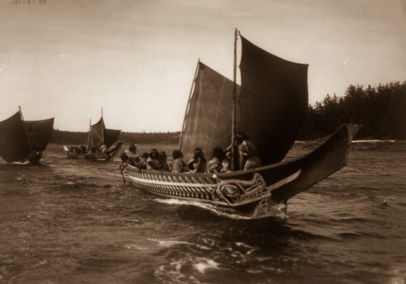 Kwakiutl people in canoes in British Columbia.1914.