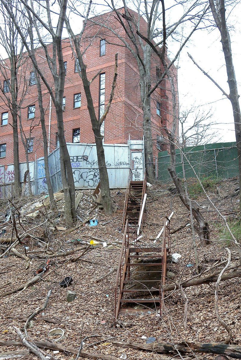 Looking northeast as rusting steel stairway climbs out of trench to locked street gate.Source.