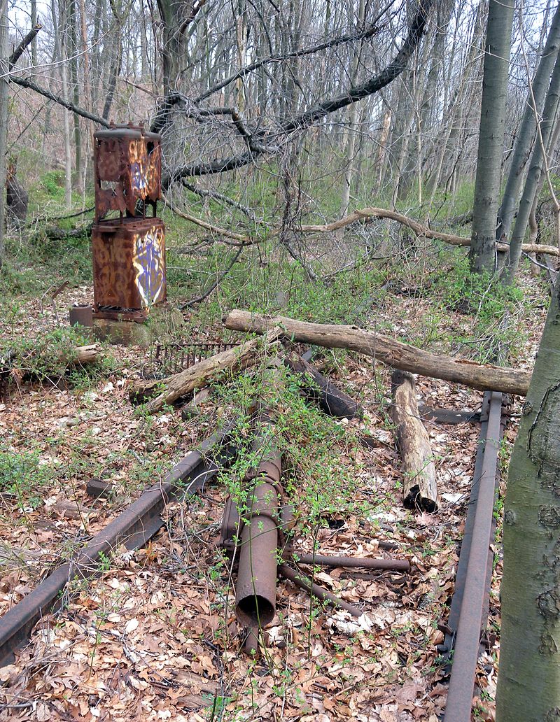 Looking southeast at signal equipment fallen into trackbed on a cloudy afternoon in Forest Park.Source.