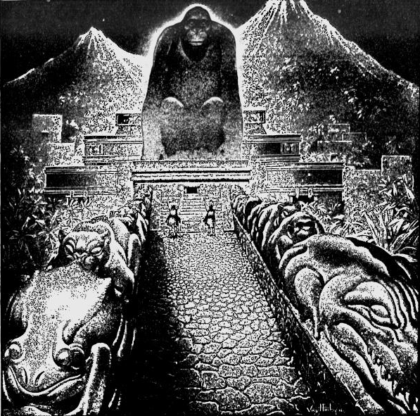 An illustration by Virgil Finlay for The American Weekly representing the Temple in Morde's "Lost City of the Monkey God." Source 