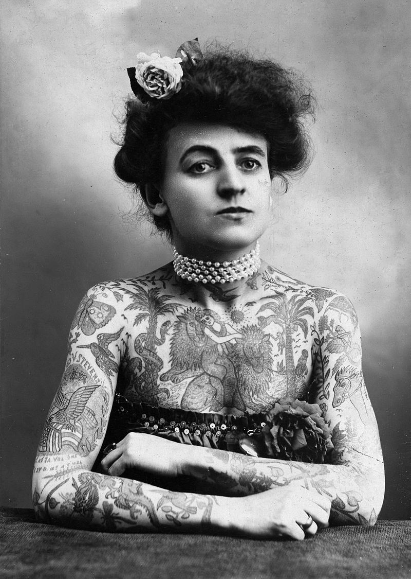 Mrs. M. Stevens Wagner, one of the earliest Tattooed Ladies that performed in the circus sideshows, 1907