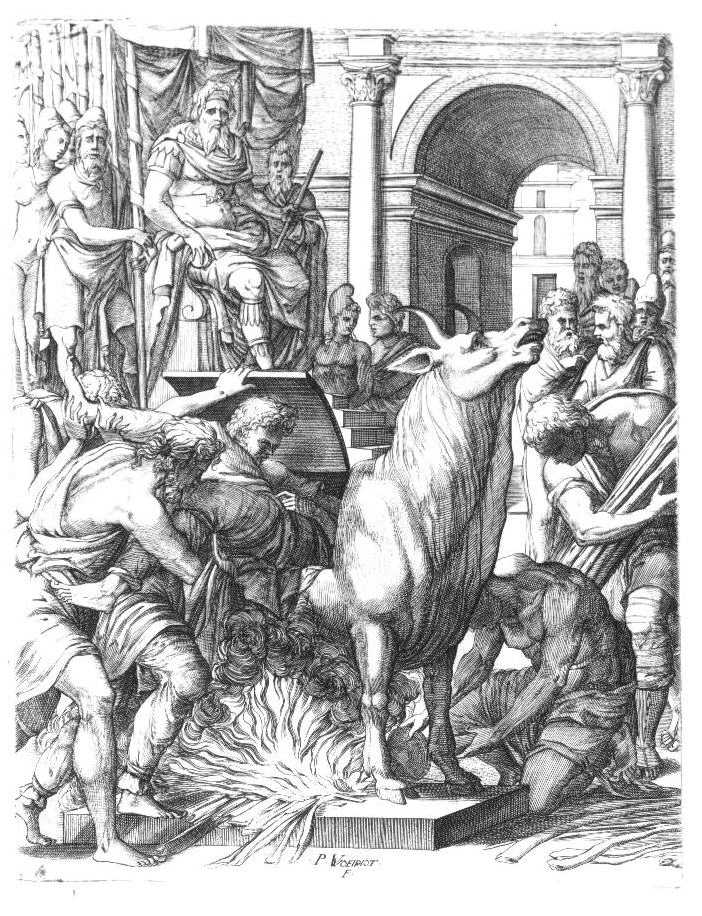 Perillos being forced into the brazen bull that he built for Phalaris.Source