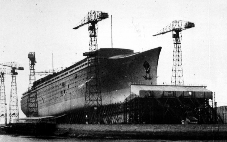 The SS Normandie under construction, prior to her launch. source