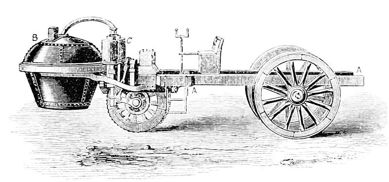 The vehicle was of tricycle layout, with two rear wheels and a steerable front wheel controlled by a tiller. source