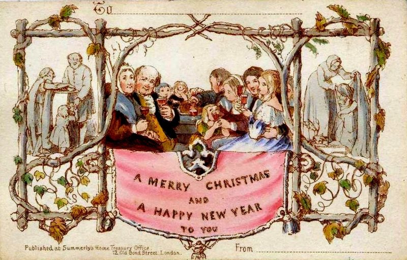 The world's first commercially produced Christmas card, designed by John Callcott Horsley for Henry Cole in 1843.Source